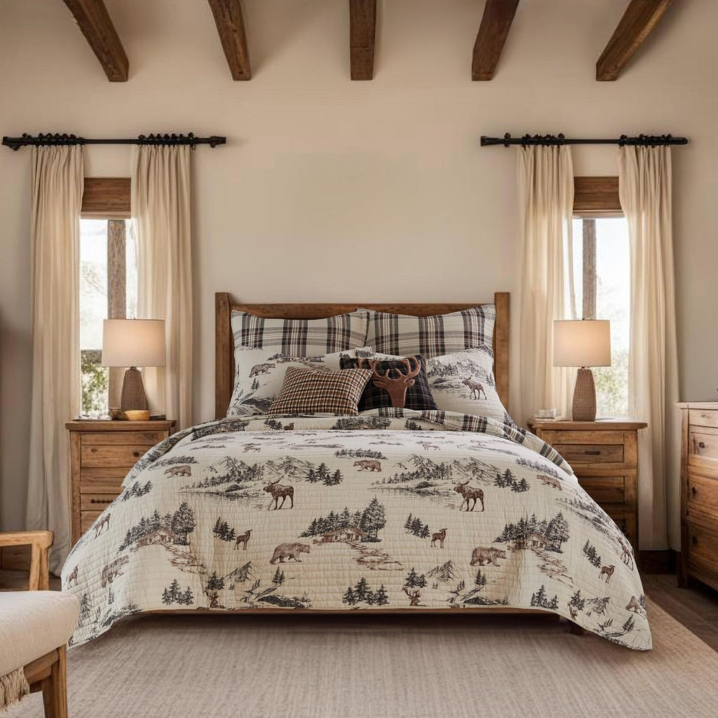 Levtex Home - Lodge Toile Quilt Set - King Quilt and Two King Shams - Mountain Lodge - Brown Cream Charcoal - Quilt (106x92in.) and Shams (20x36in.) - Reversible - Cotton