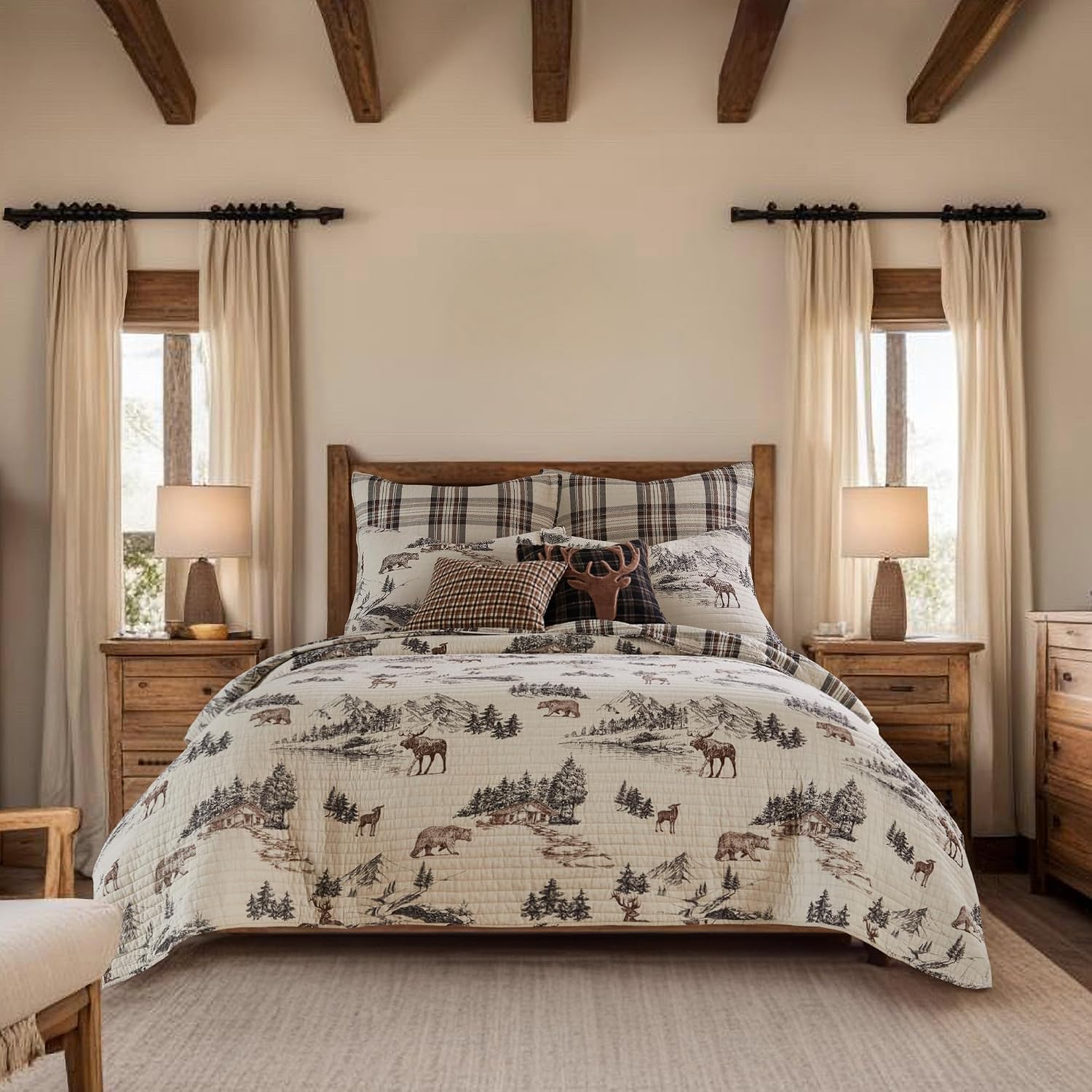 Levtex Home - Lodge Toile Quilt Set - King Quilt and Two King Shams - Mountain Lodge - Brown Cream Charcoal - Quilt (106x92in.) and Shams (20x36in.) - Reversible - Cotton
