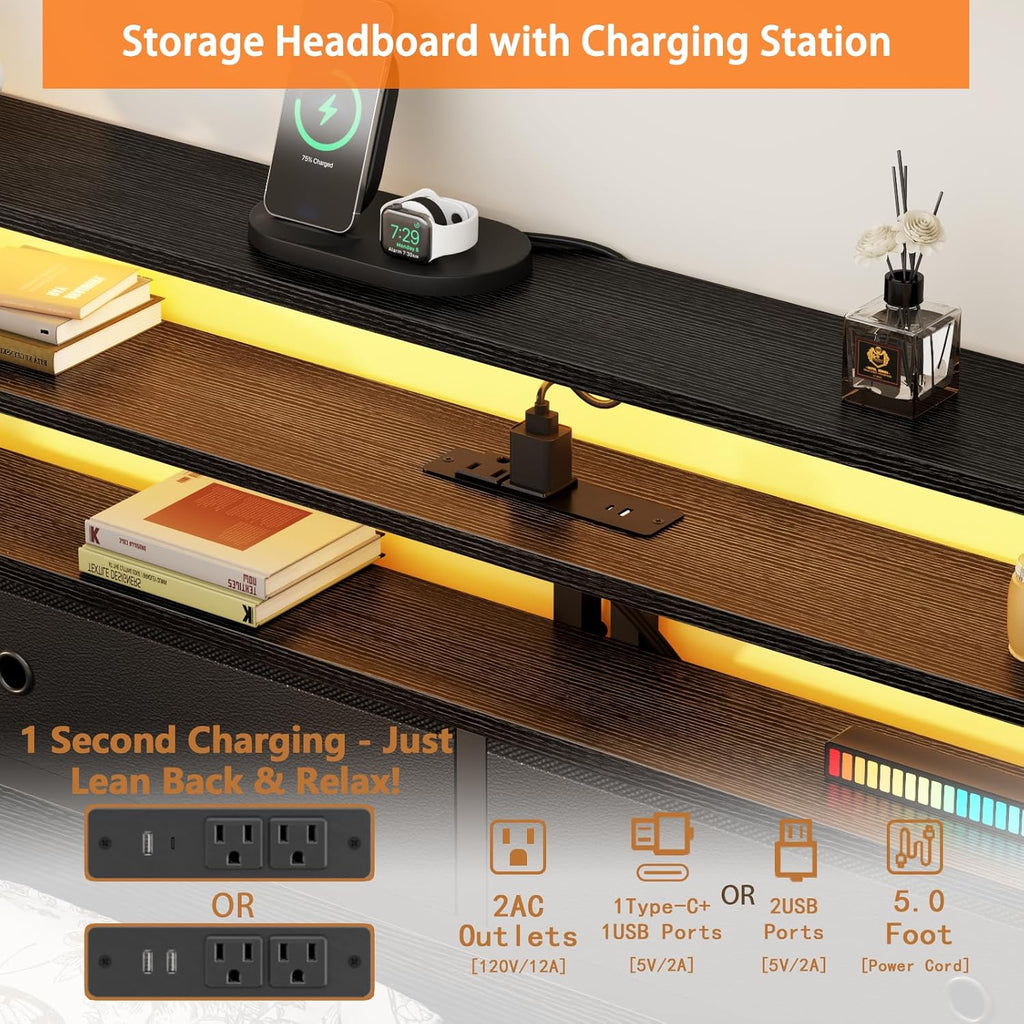 Furnulem Full Size Bed Frame with Headboard & 2 Fabric Drawers, Full Platform Bed Featuring LED Lights, Built-in Charging Station & Storage Shelves, Metal Slats, No Box Spring Needed – Black Oak