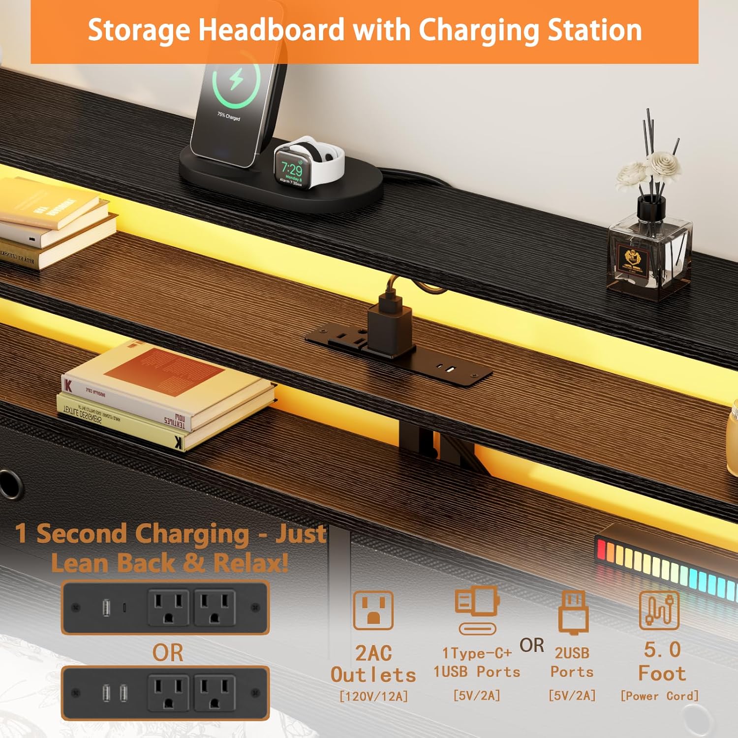 Furnulem Full Size Bed Frame with Headboard & 2 Fabric Drawers, Full Platform Bed Featuring LED Lights, Built-in Charging Station & Storage Shelves, Metal Slats, No Box Spring Needed – Black Oak