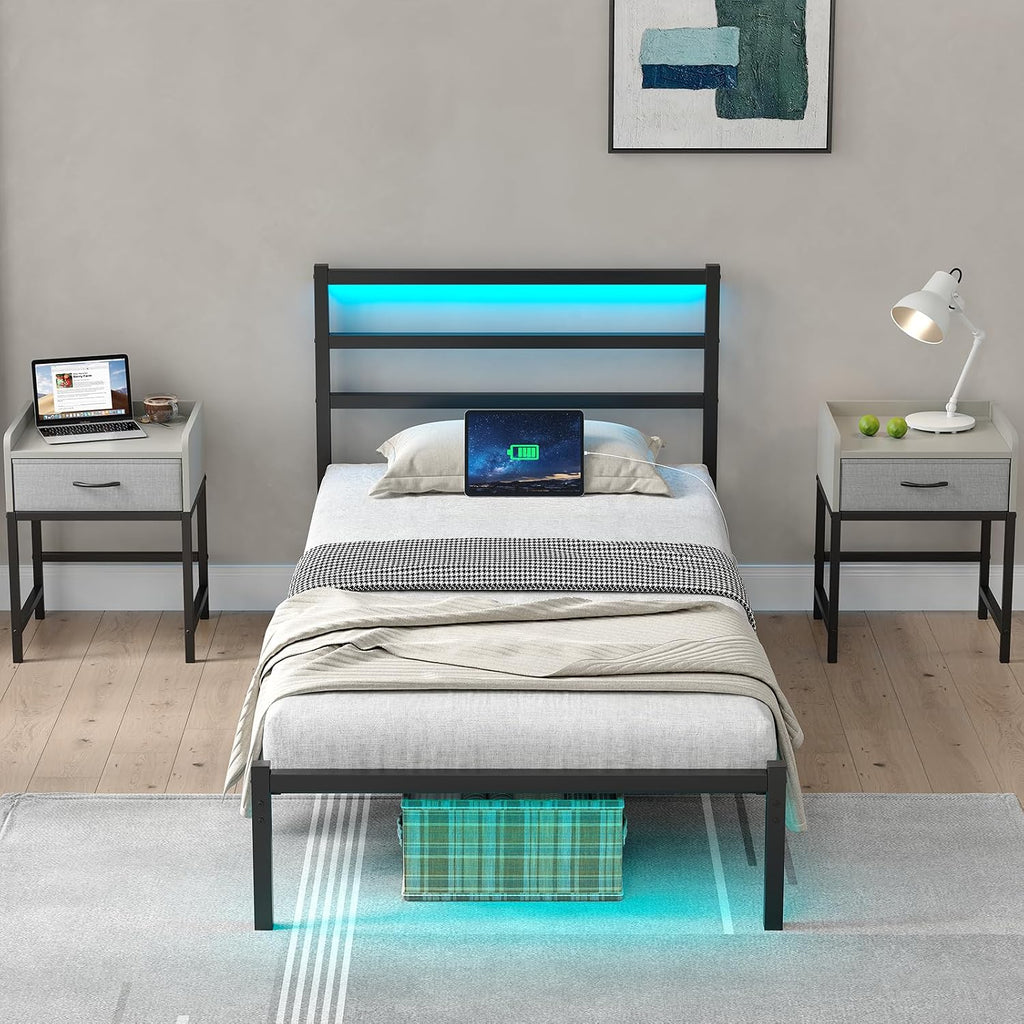 CollaredEagle Twin Size Bed Frame with Headboard, Metal Platform Bed Frame with LED, Charging Station, No Box Spring Needed, Easy Assembly, Noise Free, Black