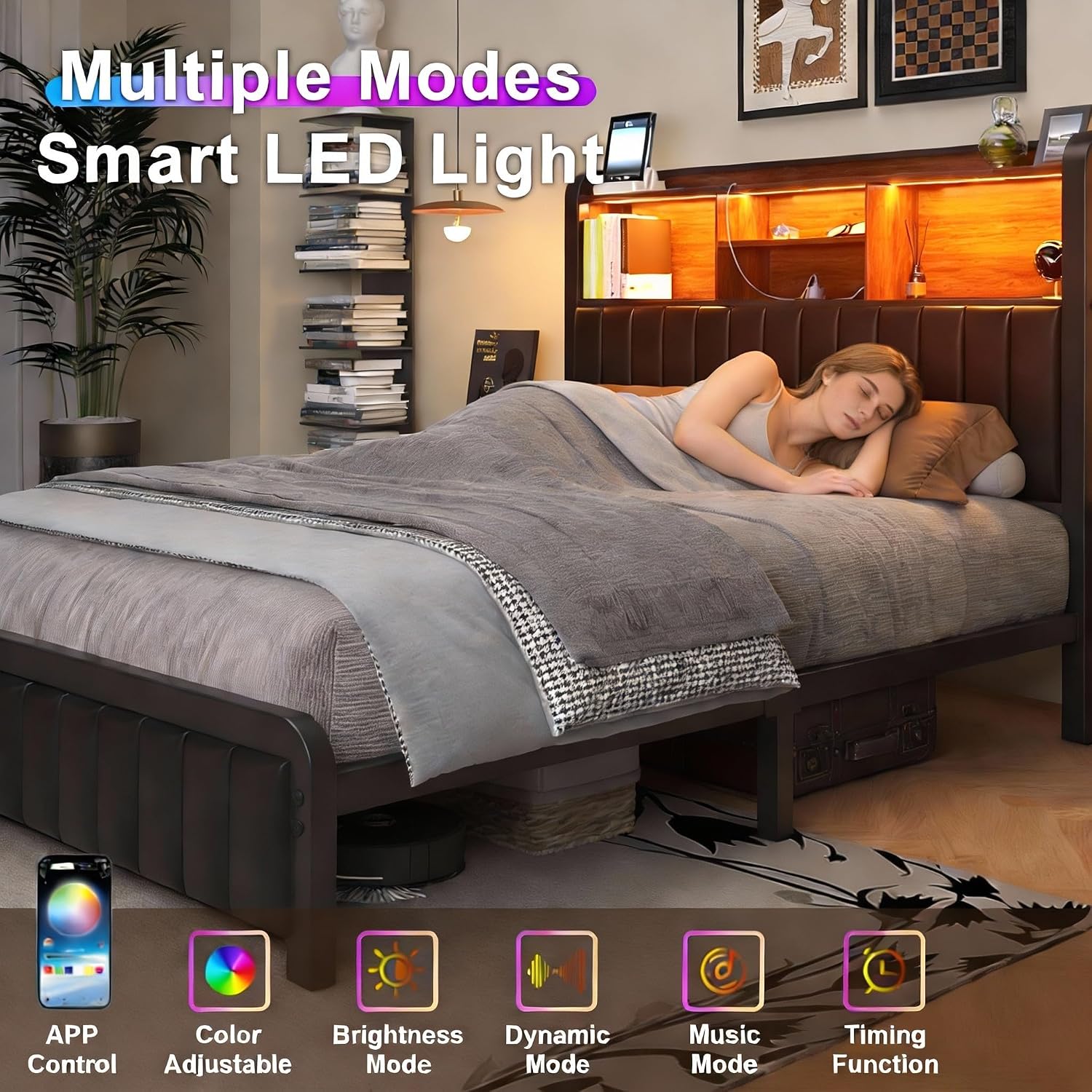LOEWAY Full Size Bed Frame 54.3' Tall with 3-Tier Storage Headboard and PU Leather, Metal Platform Bed Frame with LED Lights and Charging Station, Noise-Free, No Box Spring Needed, Black