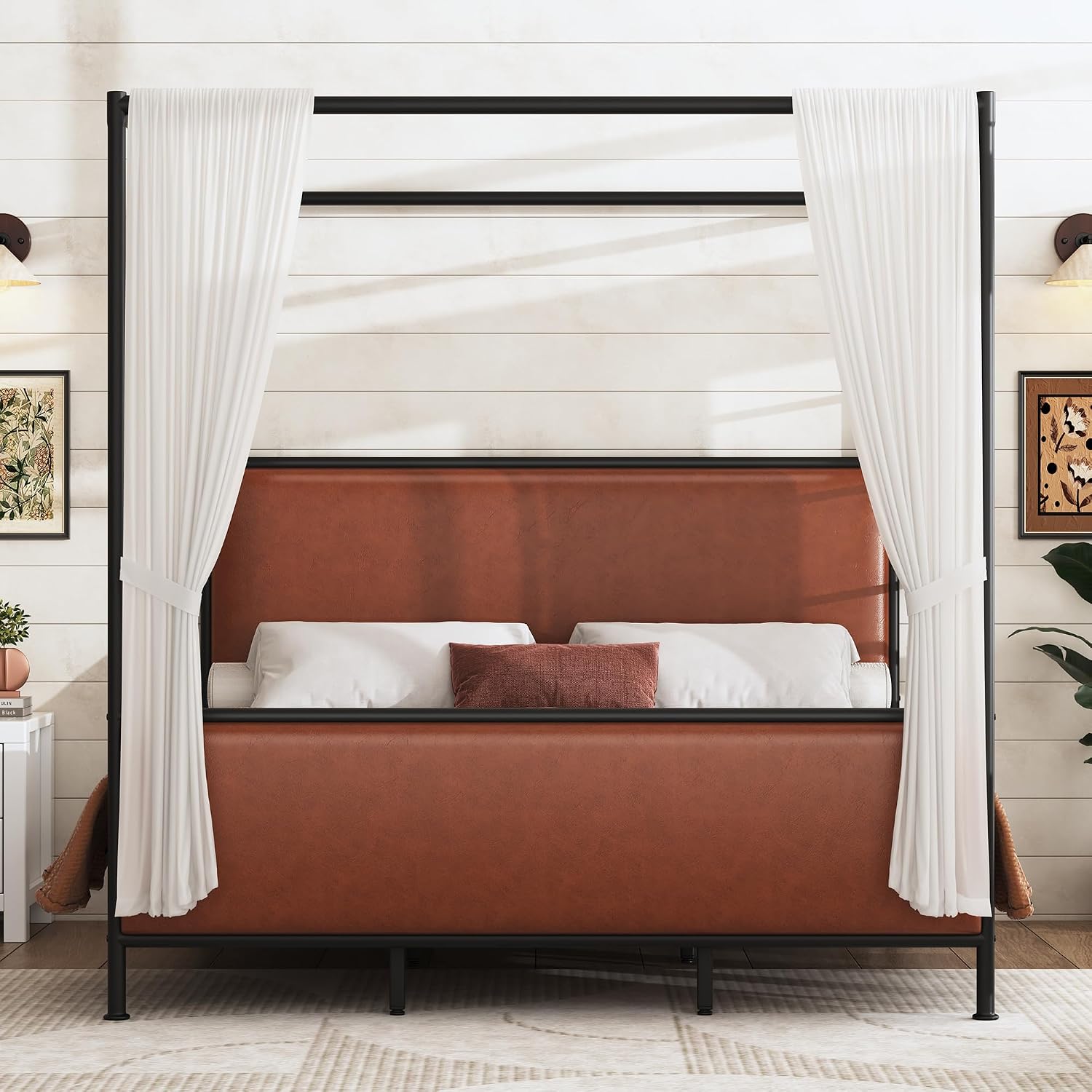 King Size Canopy Bed with Upholstered Headboard, Tall Four Poster Platform Bed for Bedroom (Brown+Black, King)