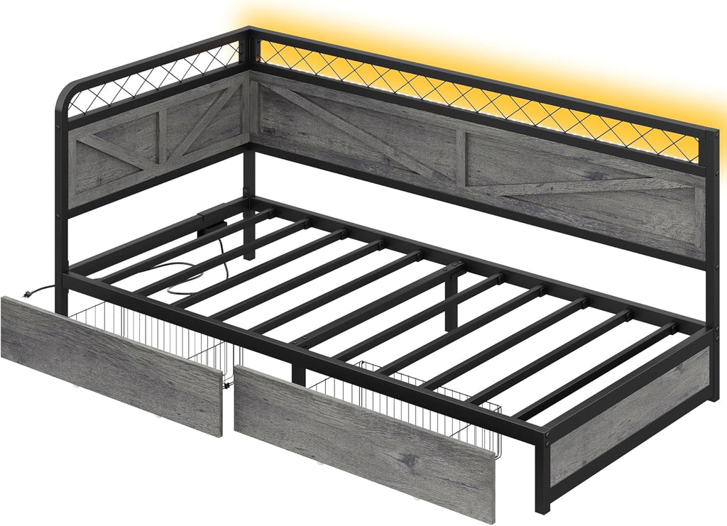 ANCTOR Twin XL Corner Bed Frame with Storage Drawers, Daybed with LED Lights and Charging Station, No Box Spring Needed, Heavy Duty, Easy Assembly for Living Room, Bedroom and Guest Room, Grey