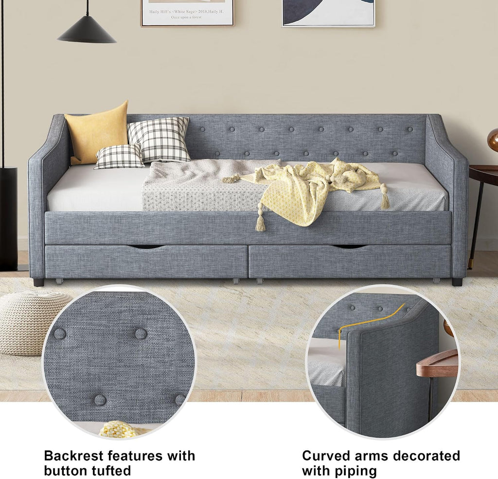 Ball & Cast Twin Size Daybed with Two Drawers and Linen Upholstered,Wood Bed Frame w/Button Tufted Back and Waved Shape Arms,Slats Support,for Apartment,Bedroom,Light Grey