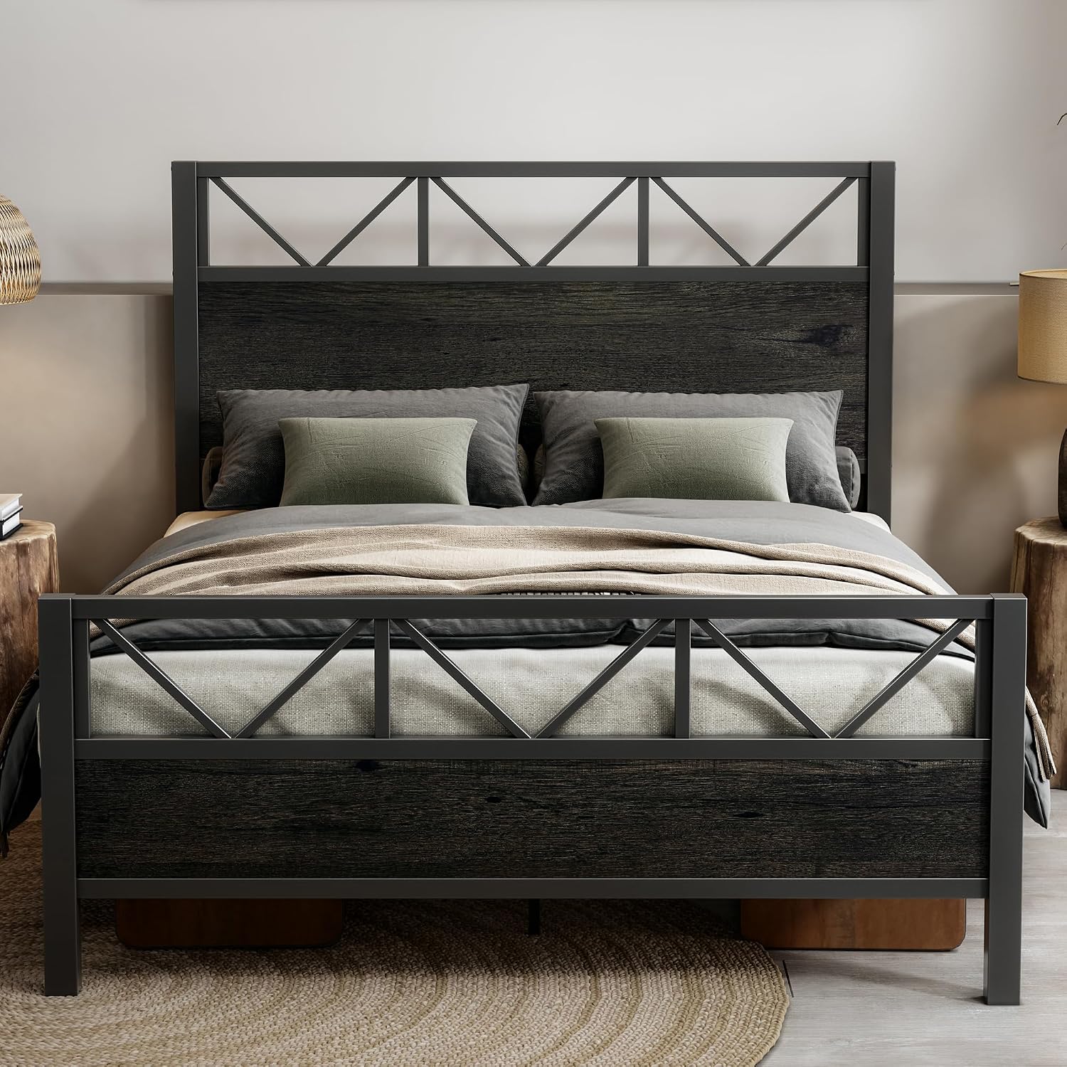 LIKIMIO Queen Bed Frame, Tall Industrial Headboard 51.2 ', Platform Bed Frame with Strong Metal Support, Solid and Stable, Noise Free, No Box Spring Needed, Easy Assembly, Charcoal Grey