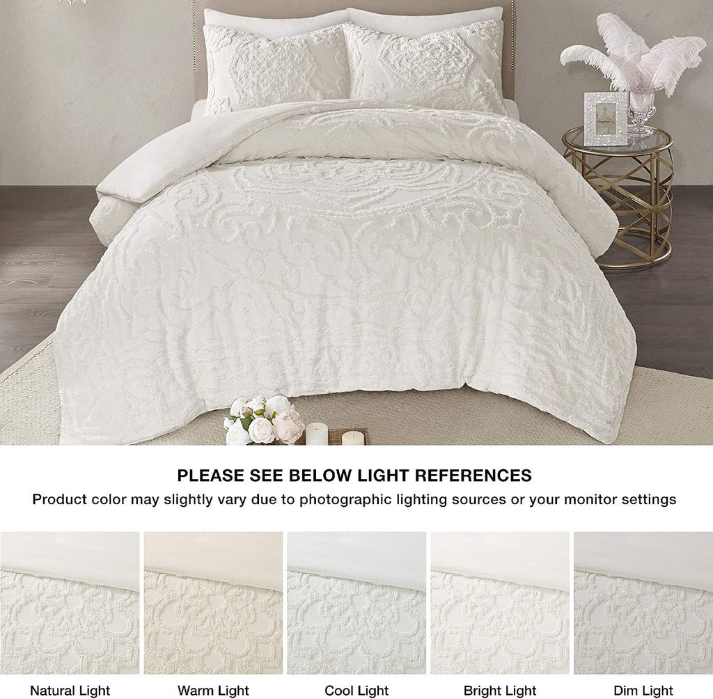 Madison Park Laetitia Comforter Bohemian Tufted Cotton Chenille, Medallion Shabby Chic All Season Down Alternative Bed Set with Matching Shams, Floral Off White King/Cal King(104'x92') 3 Piece