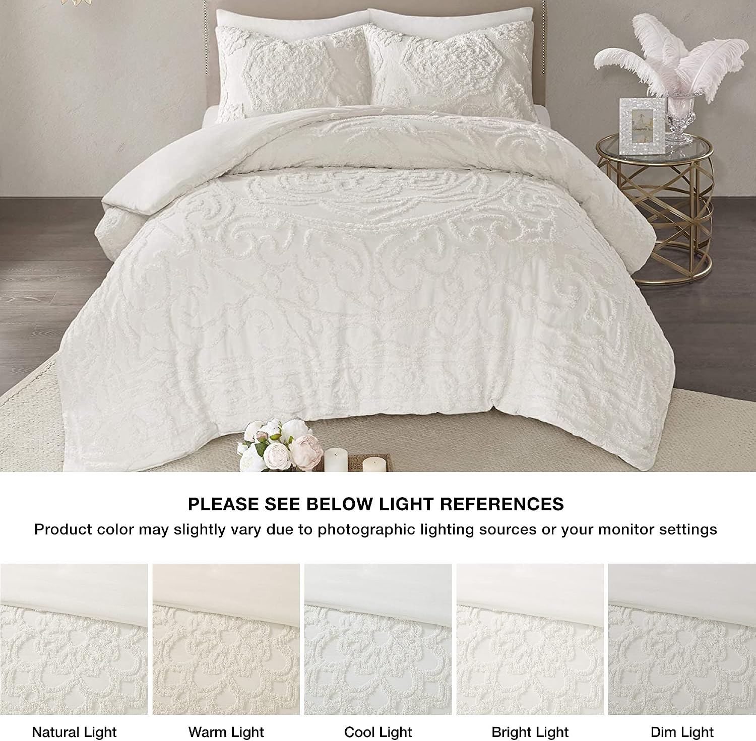 Madison Park Laetitia Comforter Bohemian Tufted Cotton Chenille, Medallion Shabby Chic All Season Down Alternative Bed Set with Matching Shams, Floral Off White King/Cal King(104'x92') 3 Piece