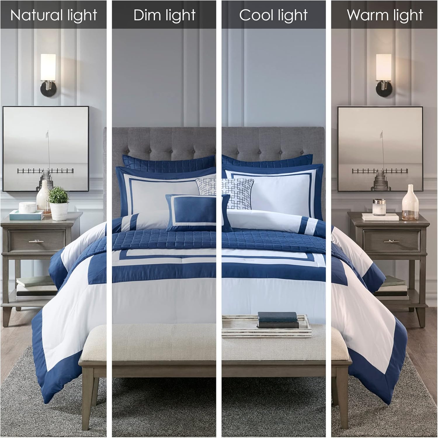 Madison Park Heritage Comforter Quilt Combo Set - Modern Luxury Design, All Season Down Alternative Bedding, Matching Shams, Decorative Pillows, King/Cal King(104'x92'), Color Block Navy 8 Piece