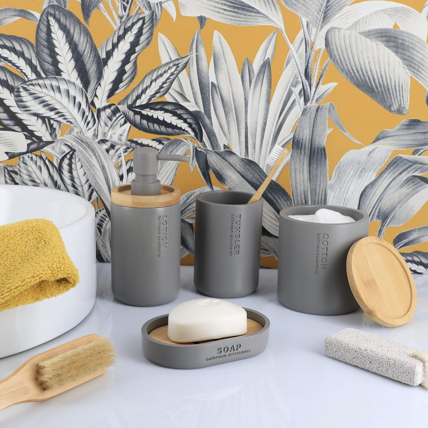 Matte Gray Bathroom Accessories with Natural Accents, Modern 6-Piece Set - Includes Soap Dispenser, Toothbrush Cup, Toilet Brush Holder, Cotton Box, Soap Dish and Pedal Trash Can