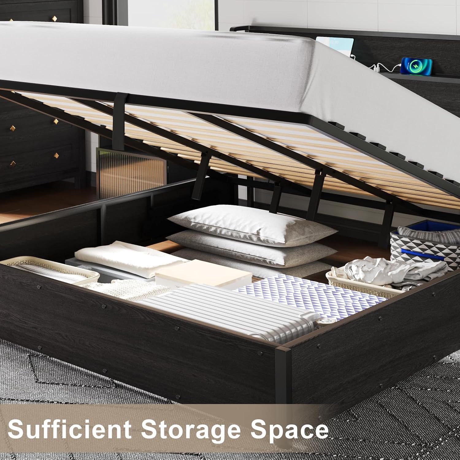 AMERLIFE King Size Lift Up Storage Bed Frame, Wooden Platform Bed Frame with Lifting Storage & Charging Station, No Spring Box Needed/Noise Free, Black