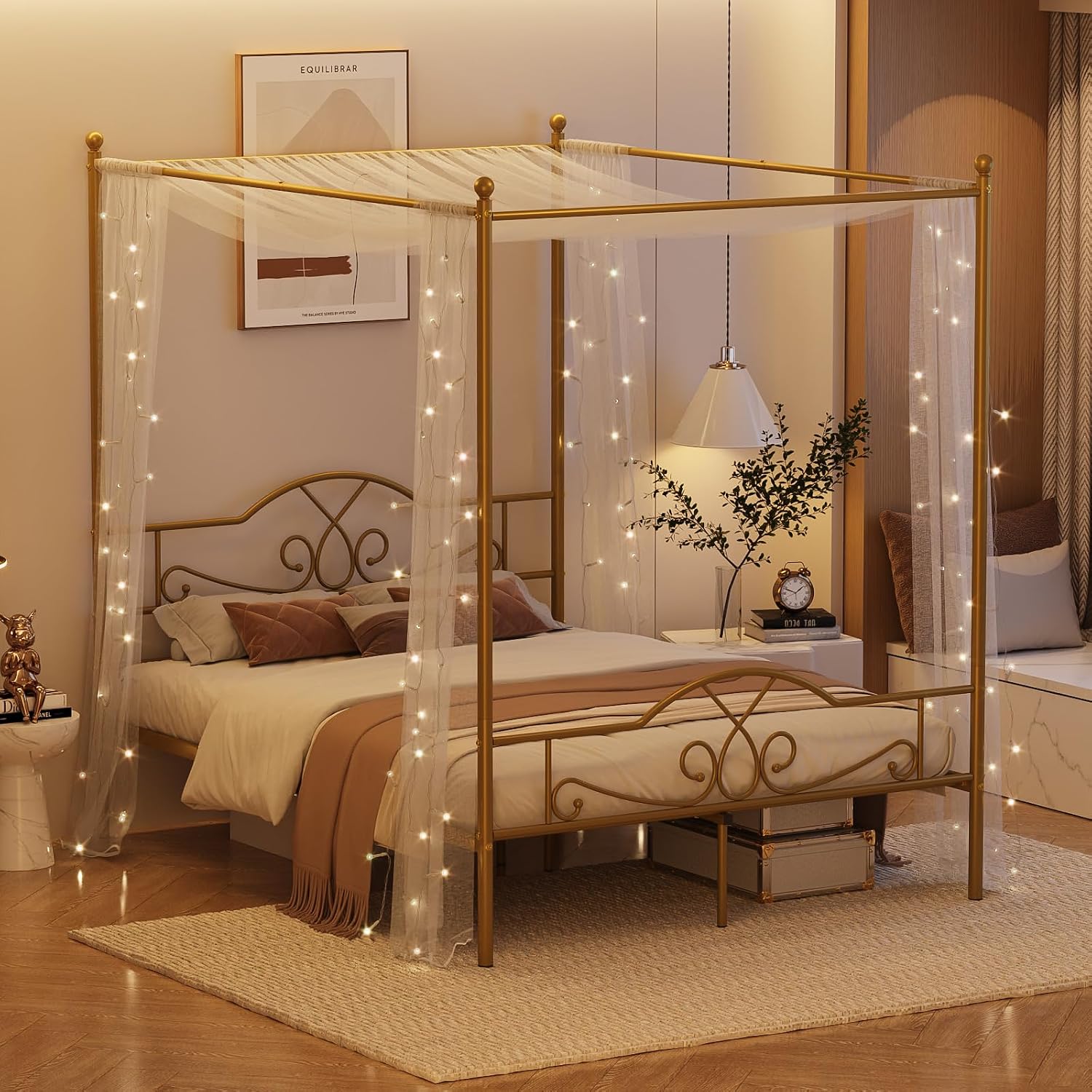 Weehom Canopy Bed Frame Queen Size with Headboard and Footboard, Four-Poster Canopy Bed Metal Platform Mattress Foundation Underbed Storage No Box Spring Needed Easy Assembly, Gold