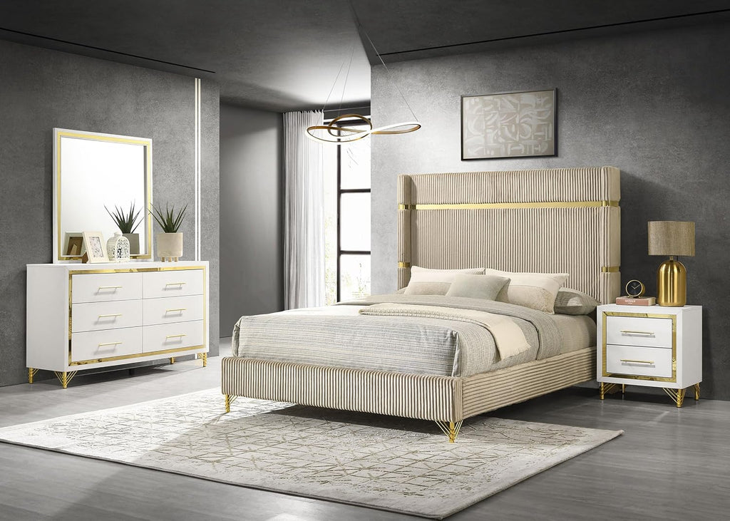 Coaster Home Furnishings - Lucia - 4-Piece Bedroom Set with Upholstered Bed and Gold Finish Trim Accent - Modern Classic - Bedroom - Beige & White - 224731Q-S4