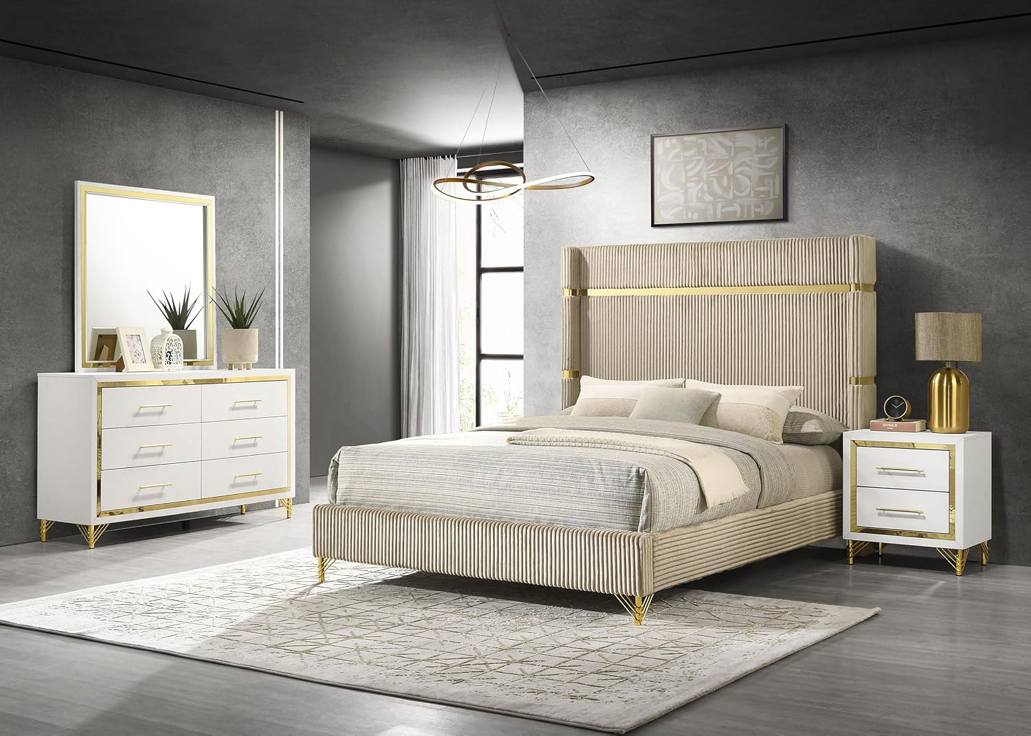 Coaster Home Furnishings - Lucia - 4-Piece Bedroom Set with Upholstered Bed and Gold Finish Trim Accent - Modern Classic - Bedroom - Beige & White - 224731Q-S4
