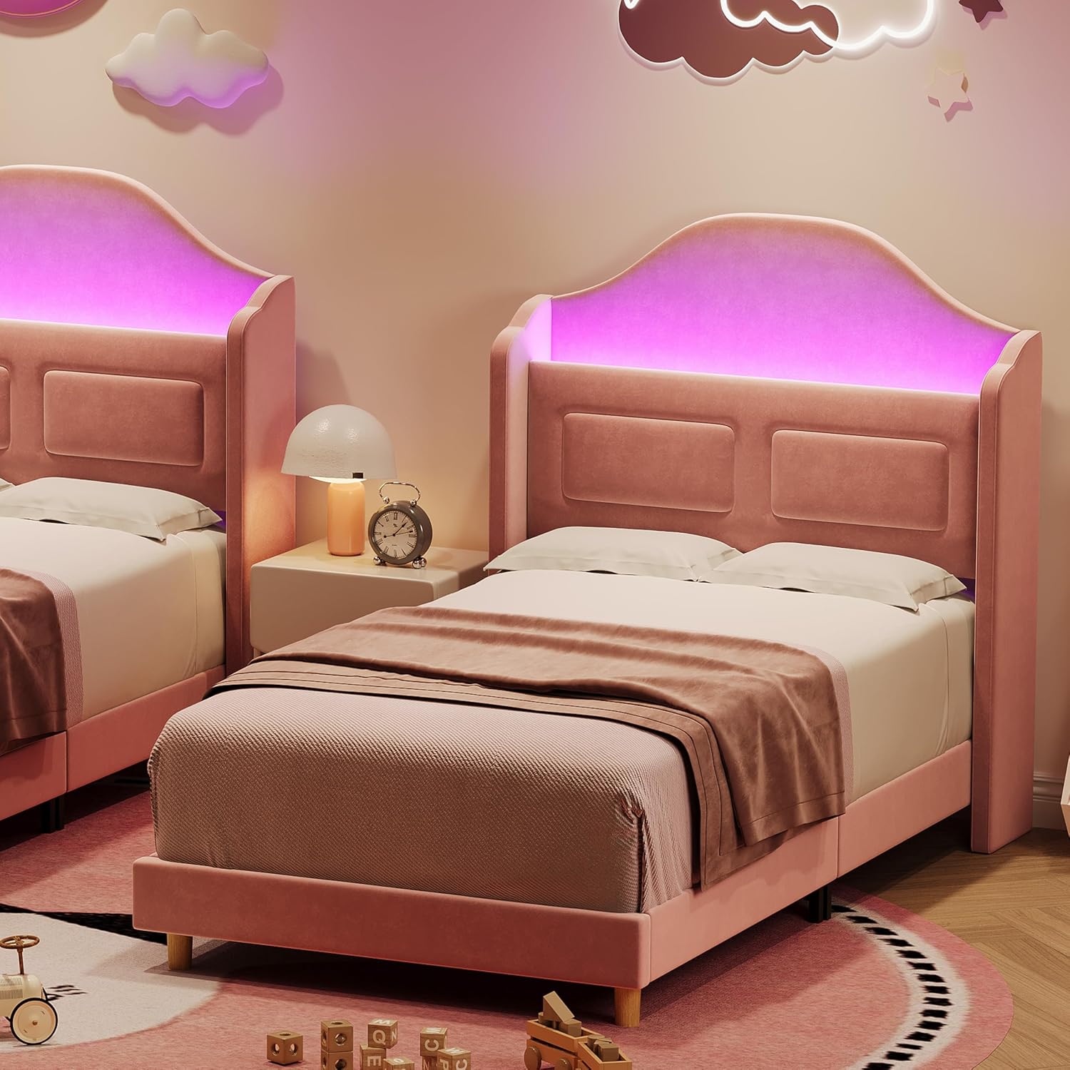 Garveehome Twin Bed Frame for Kids, Upholstered Velvet Princess Platform Bed for Boys/Girls with Wingback, Storage Bookcase Headboard & LED Light, No Box Spring Needed, Noise-Free, Easy Assembly, Pink