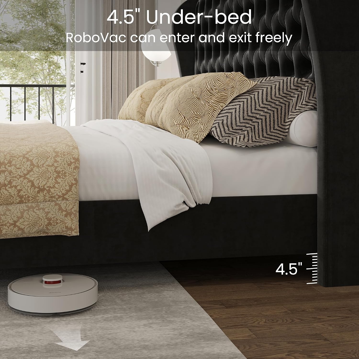 LARMACE King Size Bed Frame Velvet Upholstered Platform Bed with Wingback Headboard & Footbaord, Deep Button Tufted Bed Frame with Wood Slats Support, No Box Spring Needed, Black