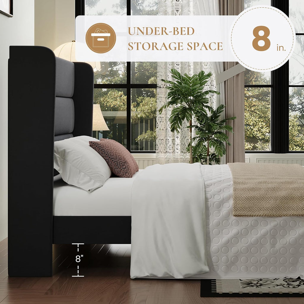 SHA CERLIN King Size Velvet Bed Frame with Wingback Headboard/Upholstered Platform Bed with Wooden Slats/Mattress Foundation/No Box Spring Needed/Easy Assembly/Black