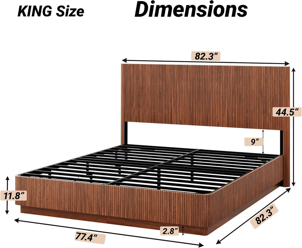 ivoros Mid Century Modern Bed Frame King Size, Fluted Platform Bed Frame with Headboard, Wood and Steel Platform Beds with LED Lights, Heavy Metal Frame Support, No Box Spring Needed, Walnut