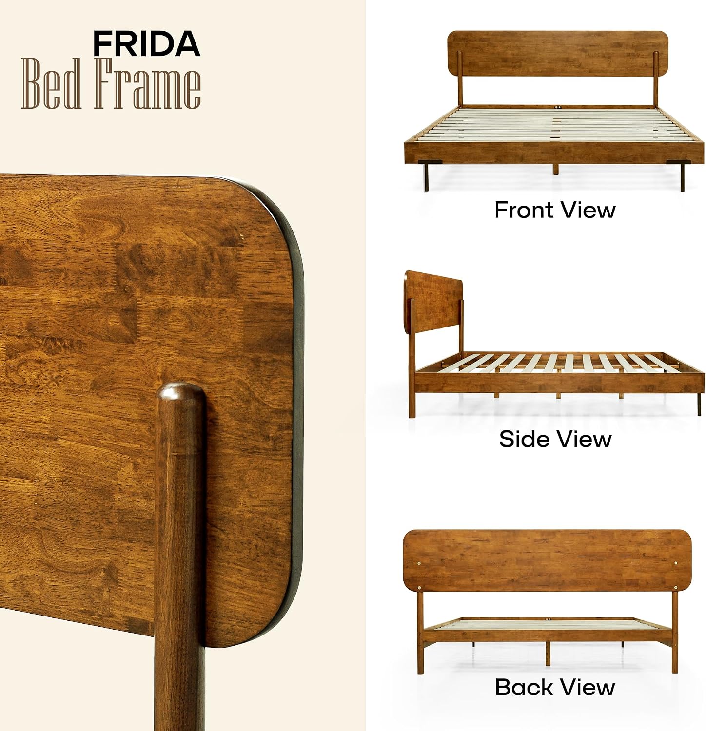 Acacia Frida Queen Bed Frame with Headboard Solid Wood Platform Bed, Tall Headboard Natural Wood Bed Compatible with All Mattress Types, No Box Spring Needed Quick & Easy Assembly, Caramel