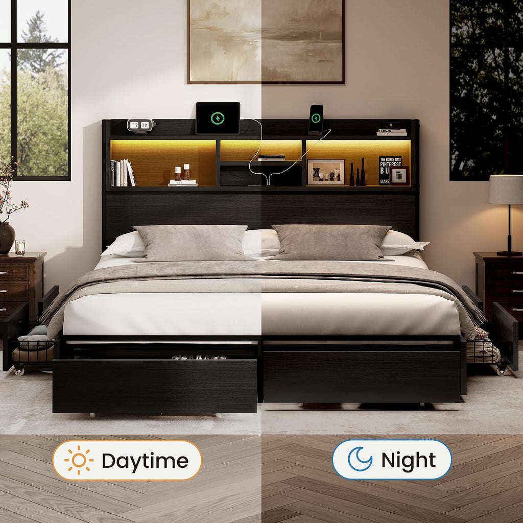 BRELTAM Queen Storage Bed Frame with 6 Drawers, USB Charging Station, No Noise, No Box Spring Required, Vintage Black Headboard Platform Bed