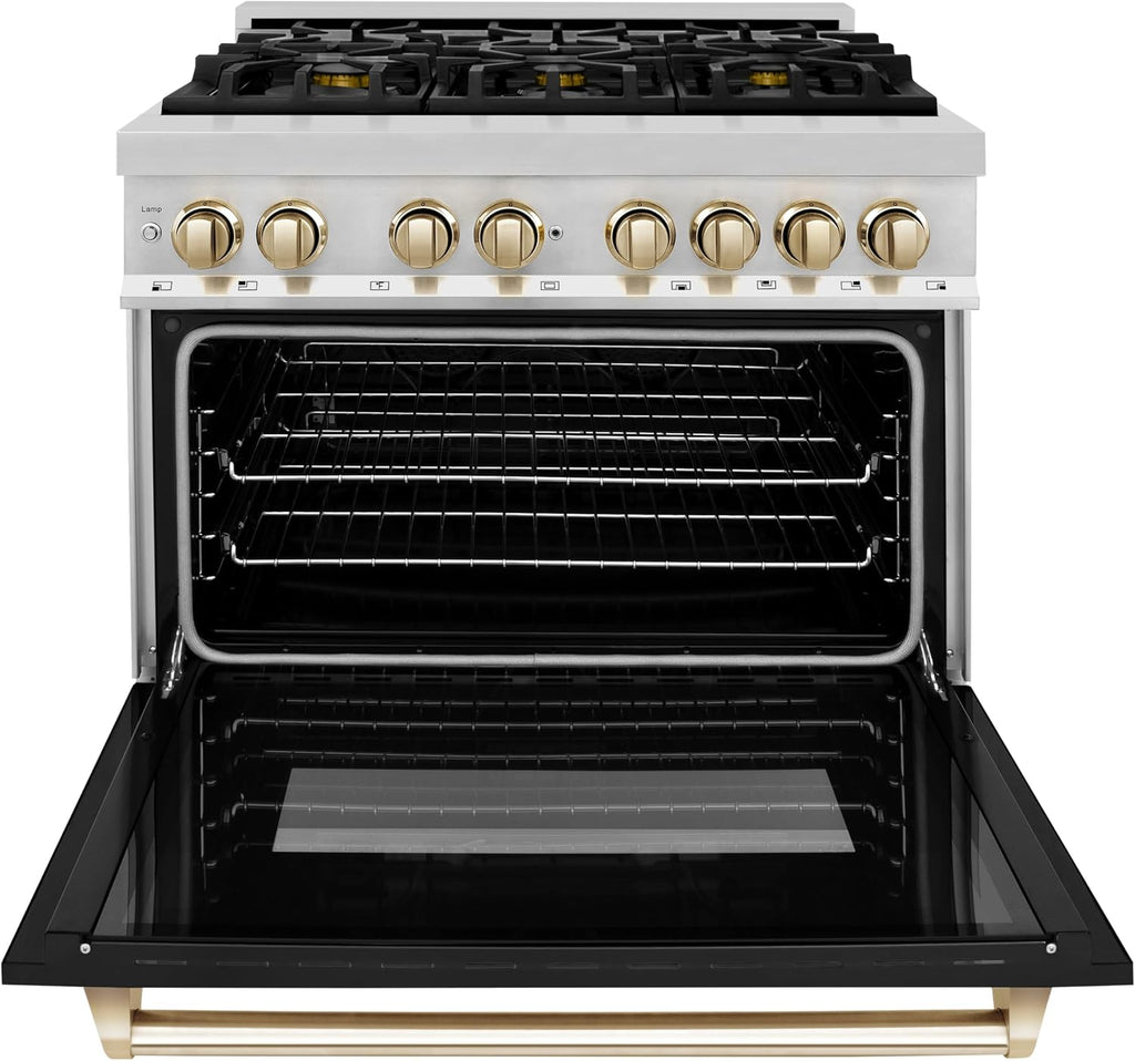 ZLINE Autograph 36' Legacy Dual Fuel Range w/ 6 Burners & Black & Gold Accents (RAZ-BLM-36-G)