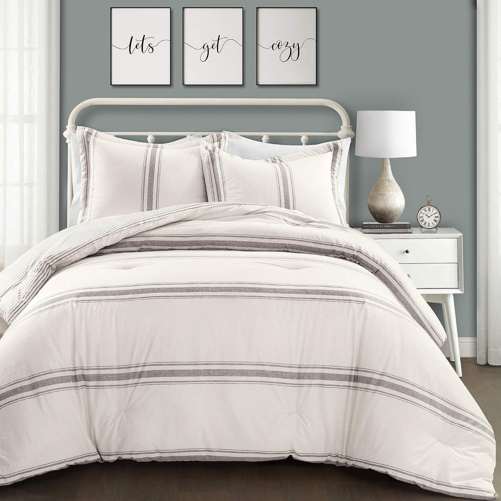 Lush Decor Farmhouse King Size Comforter Set, Reversible Cotton, 3 Piece Set, California King, Gray - Cozy Bedding - Rustic Decor - Modern Farmhouse Bedroom Decor