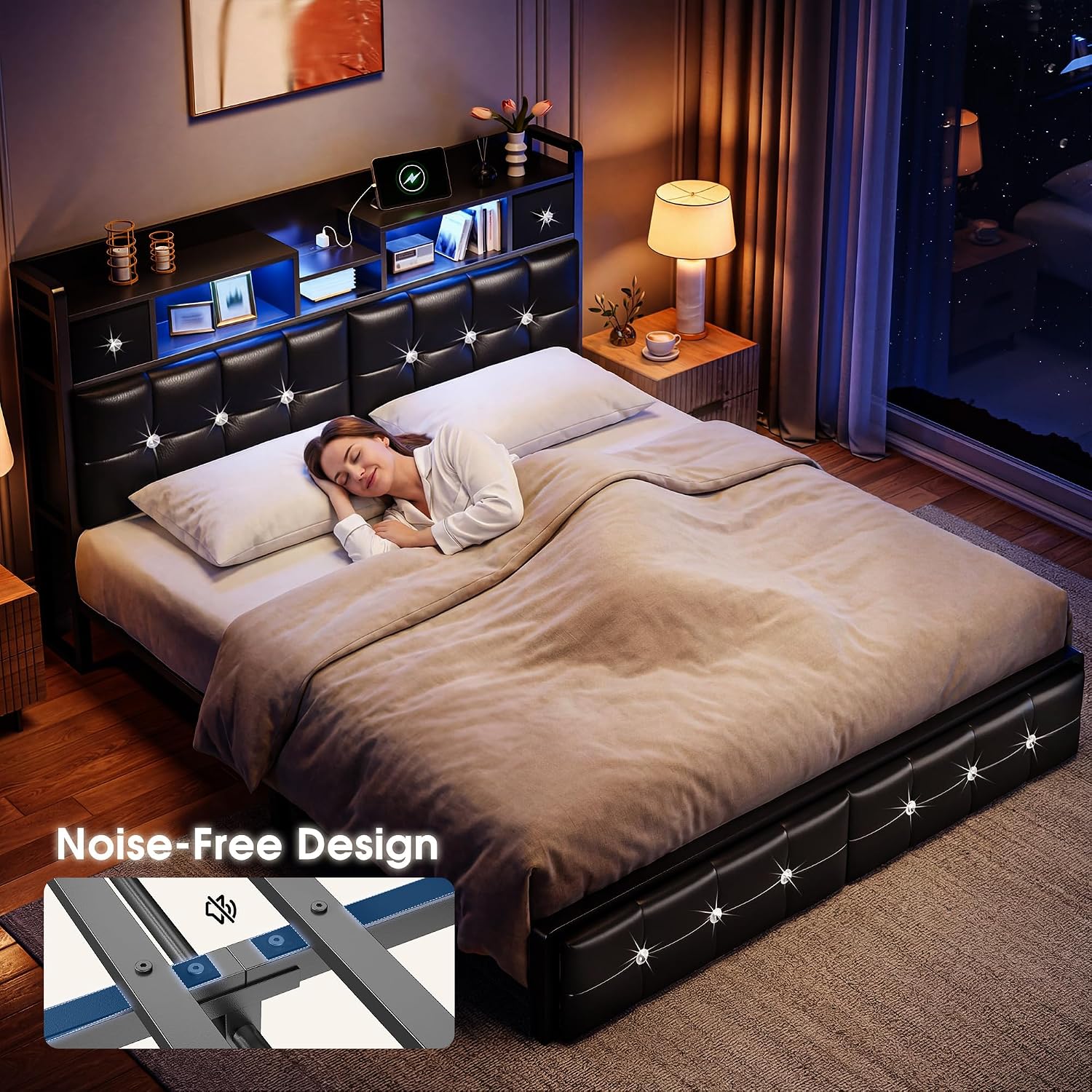 Homkdom Queen Bed Frame with Hidden Storage Headboard & 4 Drawers,Diamond-Tufted Upholstered Leather Platform Bed Frame Queen Size with LED Lights & Charging Station,No Box Spring Needed,Modern Black