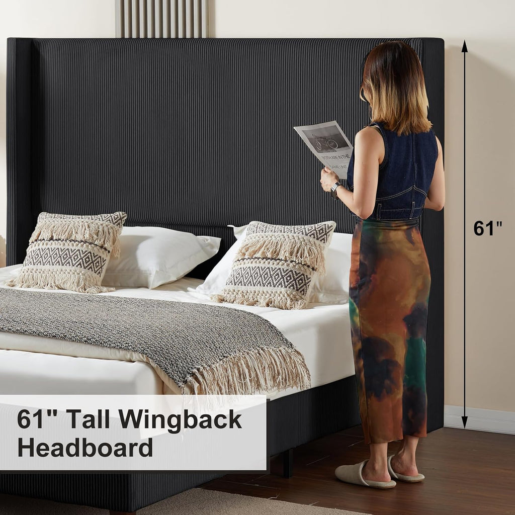 HOWE King Size Bed Frame with 61.4' Extra Tall Headboard, Corduroy Upholstered Bed with Vertical Wingback Headboard, No Box Spring Needed/Noise Free/Solid Wood Slats & Legs/Black
