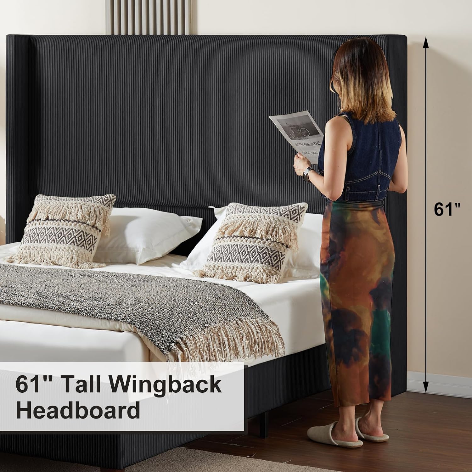 HOWE King Size Bed Frame with 61.4' Extra Tall Headboard, Corduroy Upholstered Bed with Vertical Wingback Headboard, No Box Spring Needed/Noise Free/Solid Wood Slats & Legs/Black