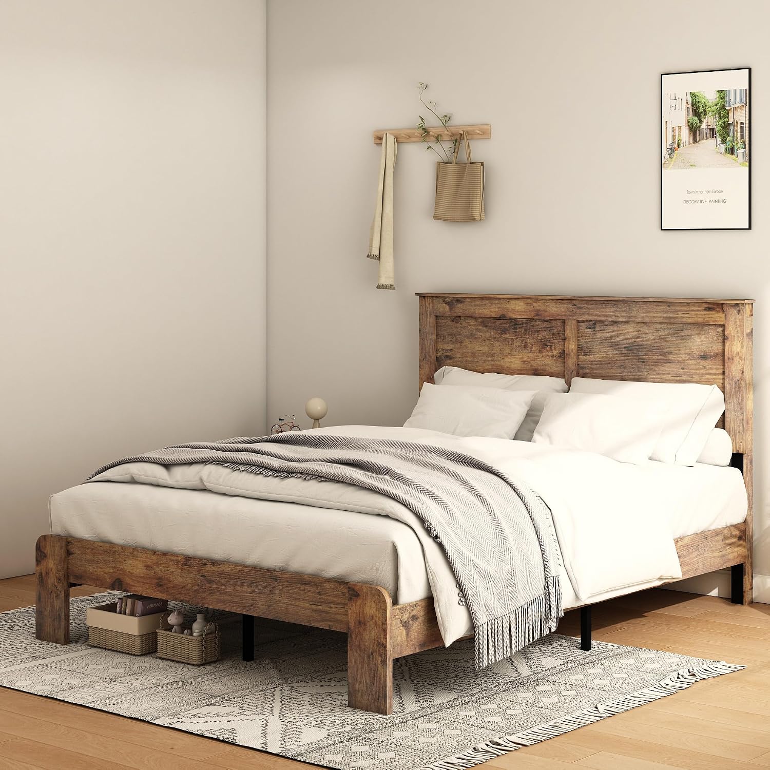 Bellemave Rustic Vintage Full Size Bed Frame with Headboard,Wooden Platform Bed Frame Full Size with Wood Slats,Easy Assembly,Dark Brown