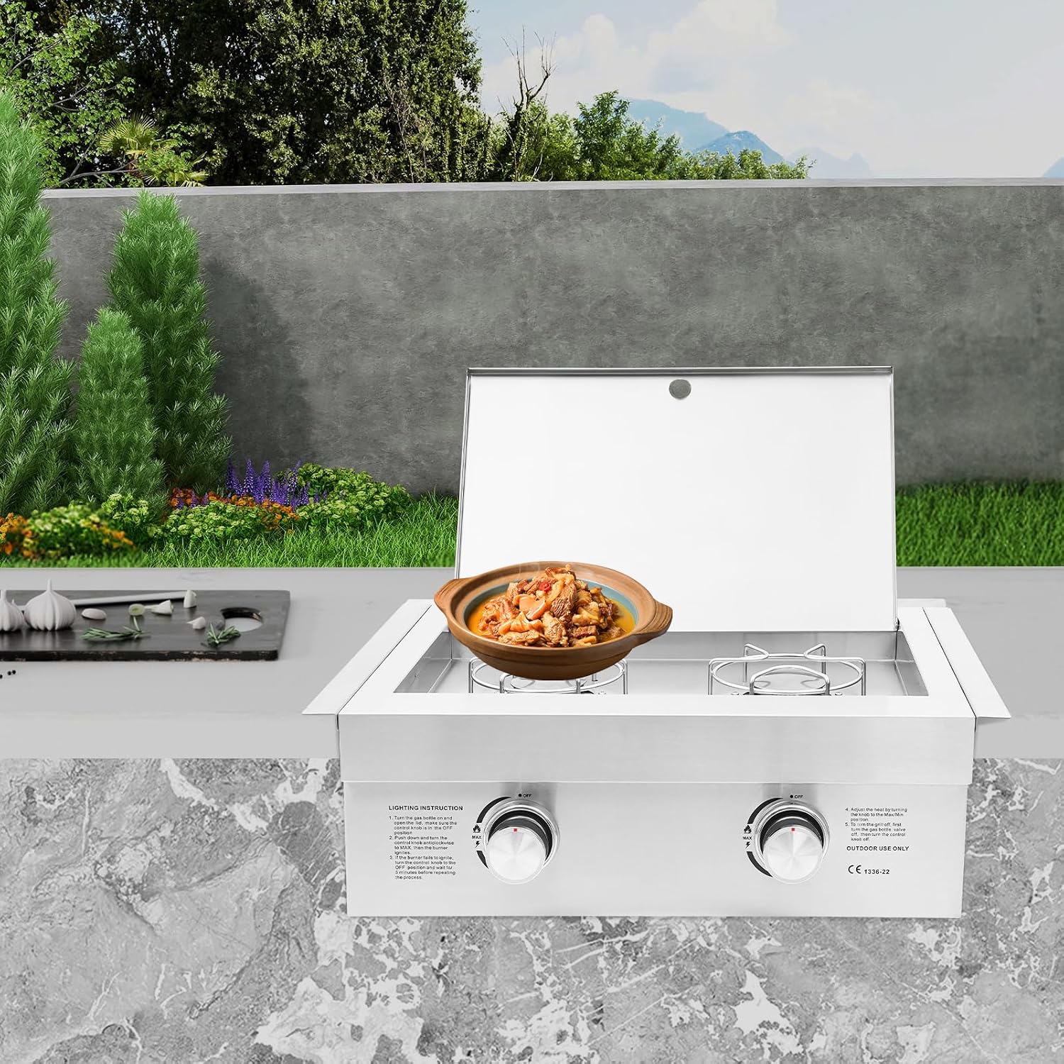 2-Burner Stove for Outdoor Kitchen, Built-in Stainless Steel Side Burner with Removable Grates & Cover, Gas Stove for BBQ Island, Patio, Backyard (Liquid Propane, Double Burner)