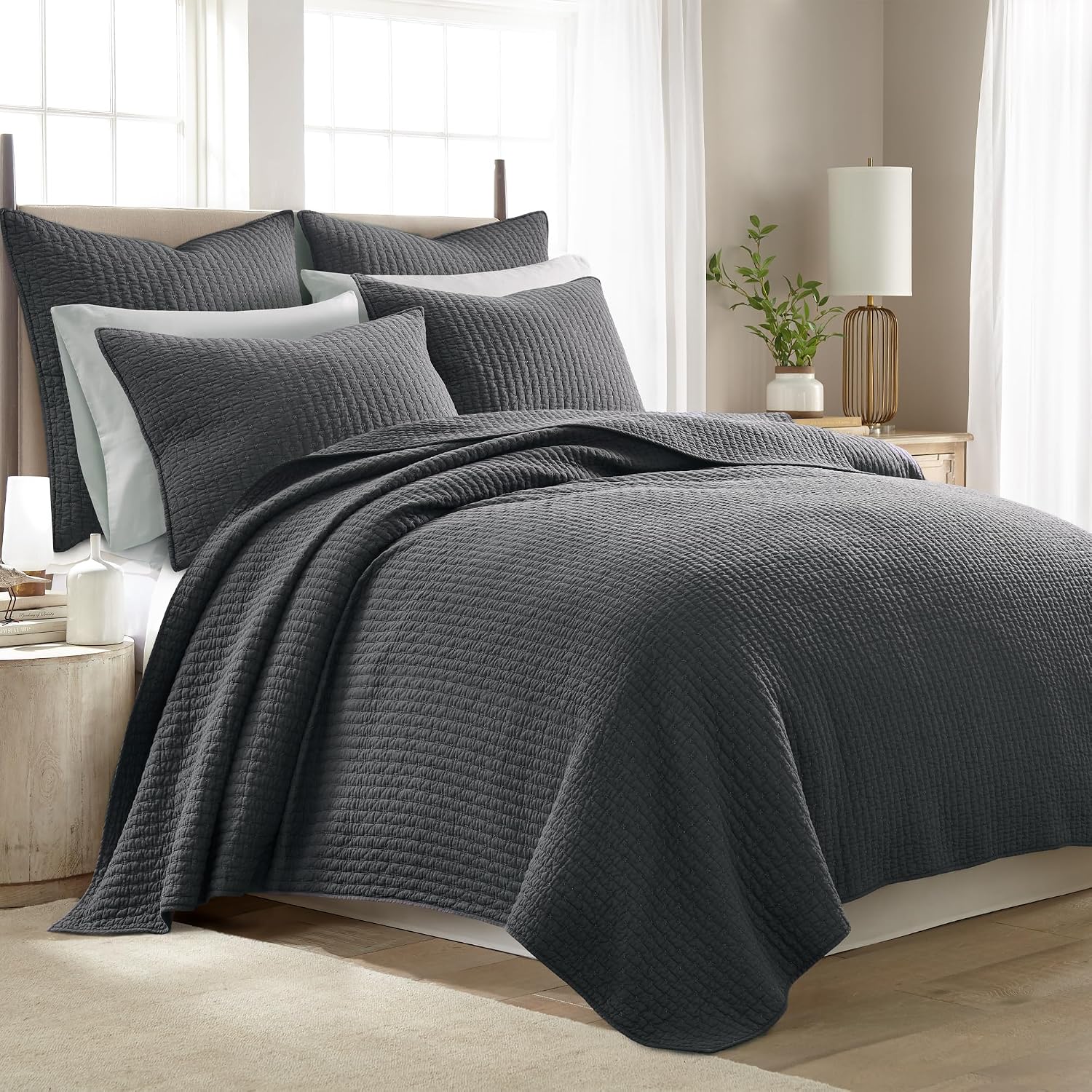 Levtex Home Cross Stitch Reversible King/Cal King Quilt Set (106x92in) and 2 Pillow Shams (36x20in) - Stitch Texture - Charcoal - Cotton King Size Quilt Bedding Set - Lightweight Soft Pre-Washed