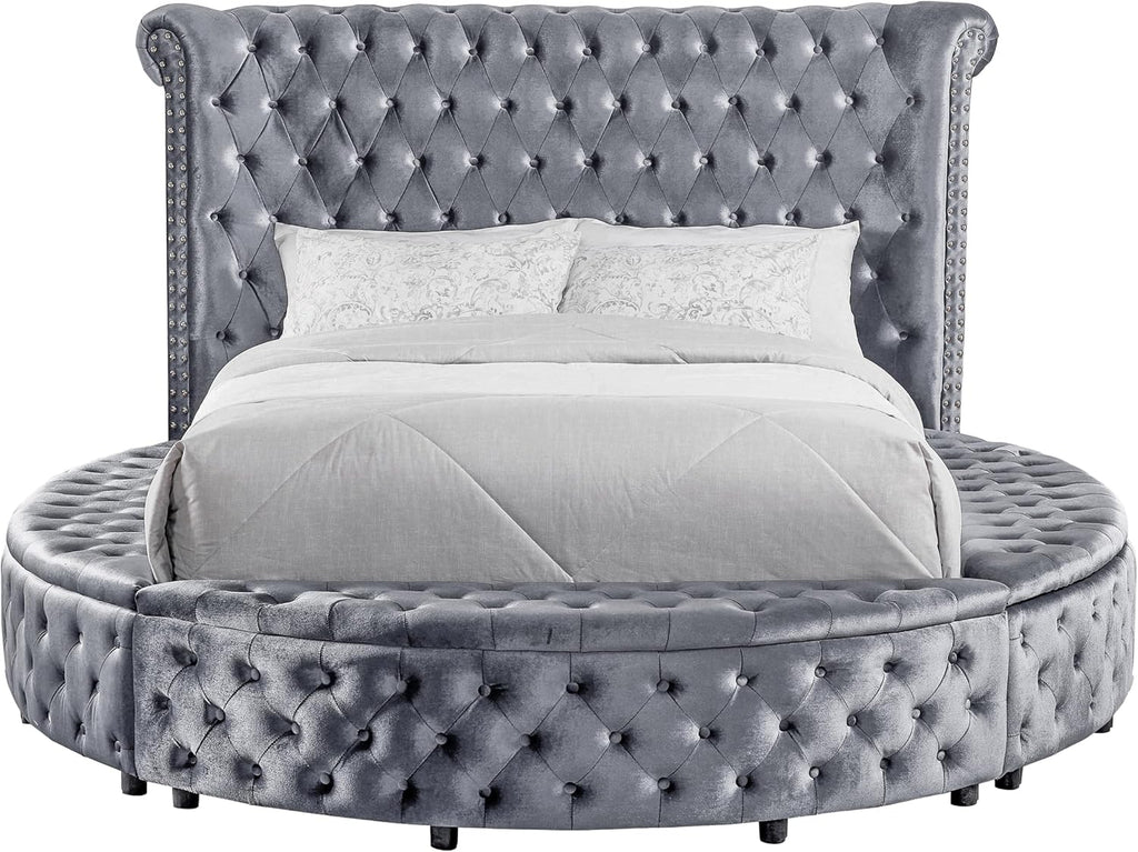Furniture of America Rhodo Fabric Upholstered 3-Piece Bedroom Set, King Size Platform Bed and 2-Drawer Nightstands with USB Port, Button Tufted Headboard, No Box Spring Required, Gray