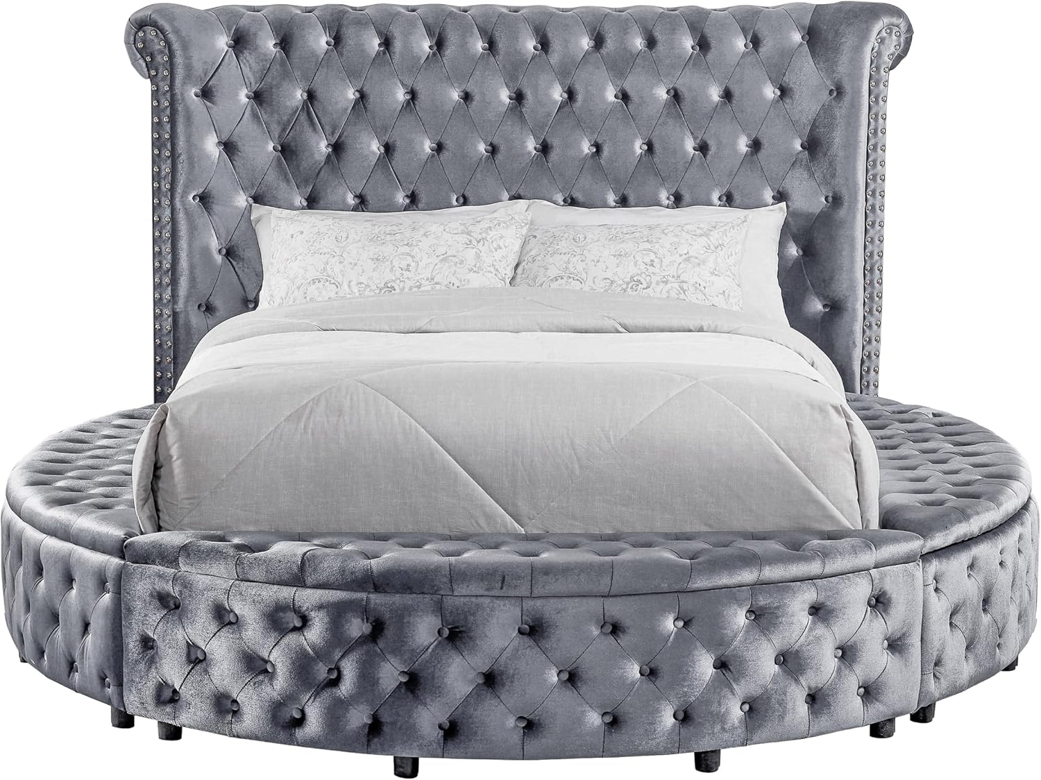 Furniture of America Rhodo Fabric Upholstered 3-Piece Bedroom Set, King Size Platform Bed and 2-Drawer Nightstands with USB Port, Button Tufted Headboard, No Box Spring Required, Gray