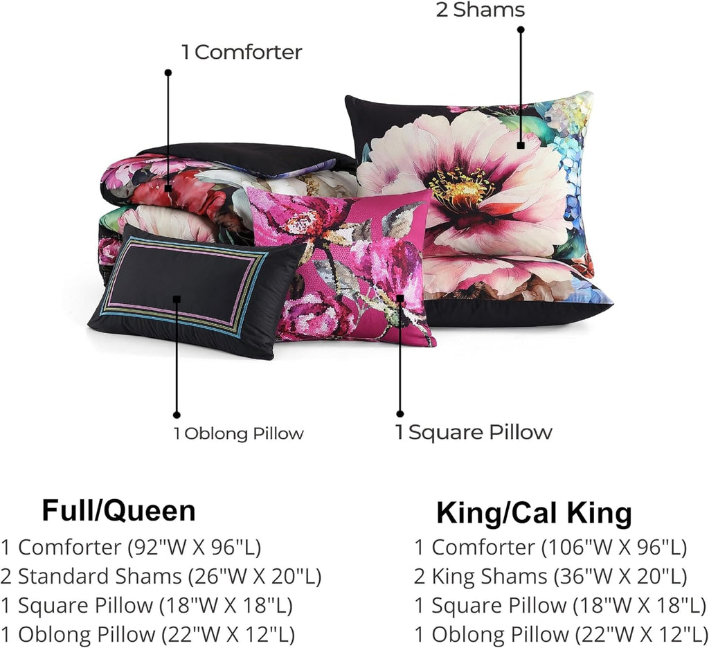 Bebejan Black Night Poppies 5 Piece Comforter Set, 100% Cotton Sateen, 220 Thread Count, Reversible Bedding Comforter Set, 1 Comforter, 2 Shams & 2 Pillows (Full/Queen)