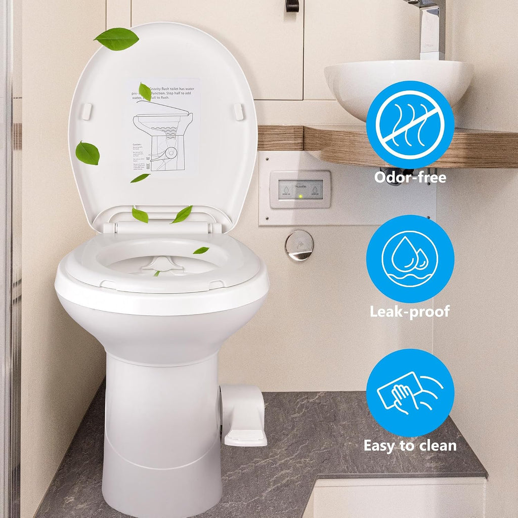 Yescom RV Camper Toilets Gravity Flush 20' High Elongated Foot Pedal for Travel Trailer Motorhome Caravan White HDPE Portable Restroom Toilet Fits for Marine