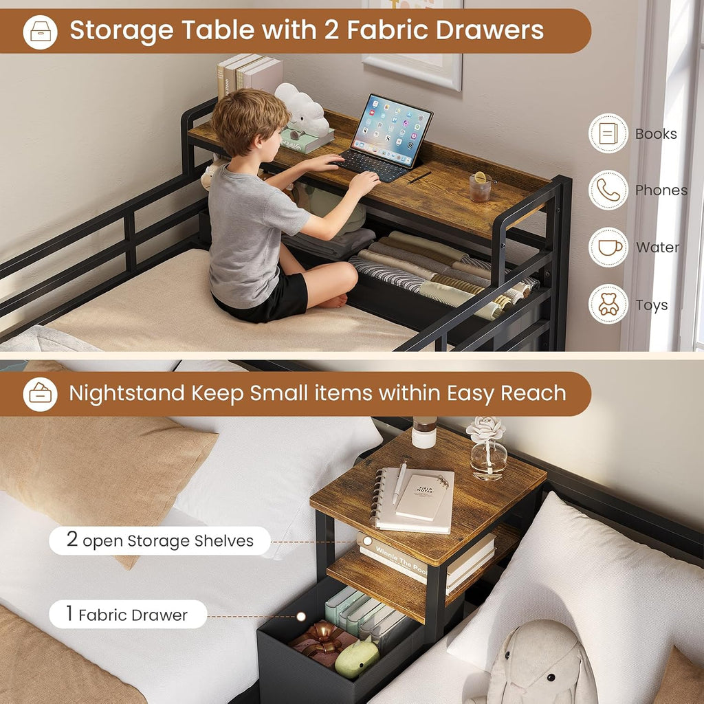 DICTAC Triple Bunk Bed for Kids with Storage Drawers and Charging Station Twin Over Twin Metal Bunk Bed with Storage Shelves and Box,3 Beds with Guardrails and Ladder, No Box Spring Needed, Black