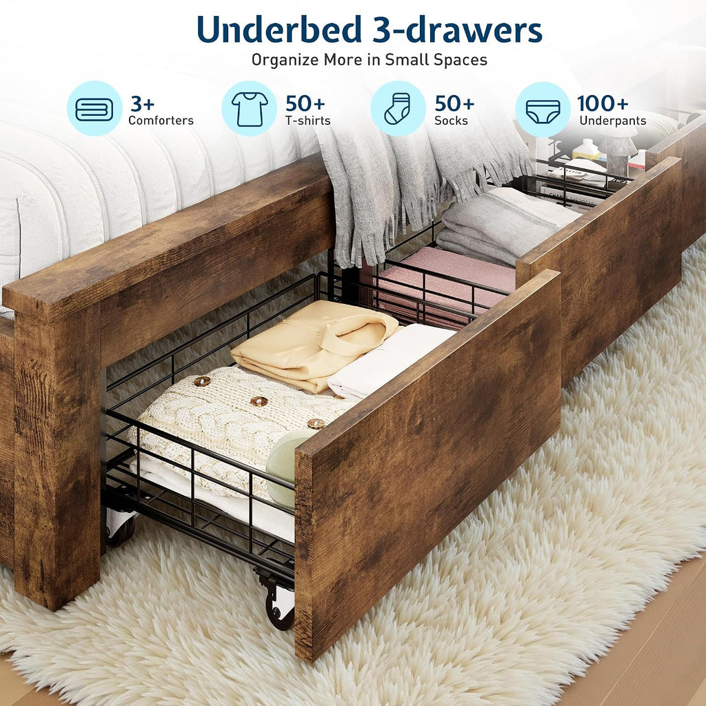 Jocisland Twin Bed Frame with Storage Drawers, Bookcase Headboard, USB Charging, RGB Lights, Farmhouse Wood Daybed No Box Spring Needed, Rustic Oak | 49' tall shelving
