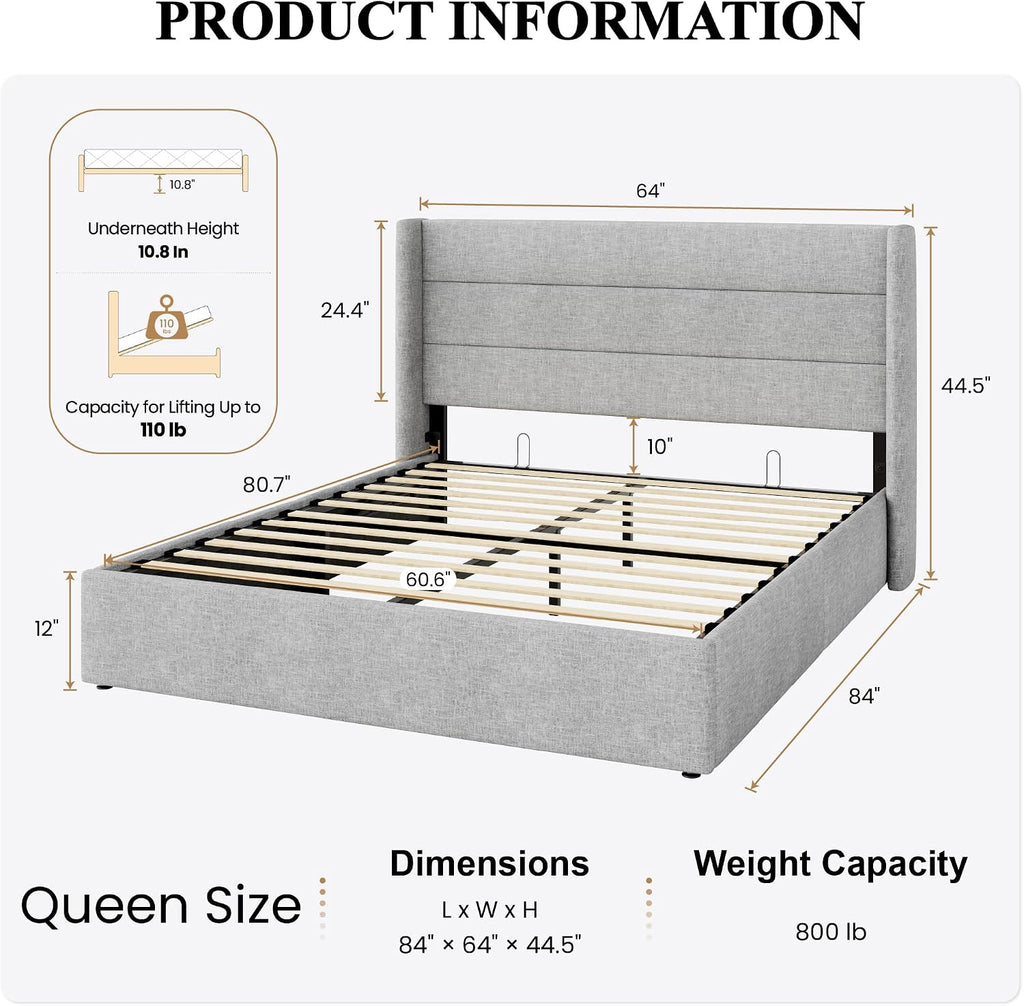 SHA CERLIN Queen Size Lift Up Storage Bed/Modern Wingback Headboard/Upholstered Platform Bed Frame/Hydraulic Storage/No Box Spring Needed/Wood Slats Support/Light Grey