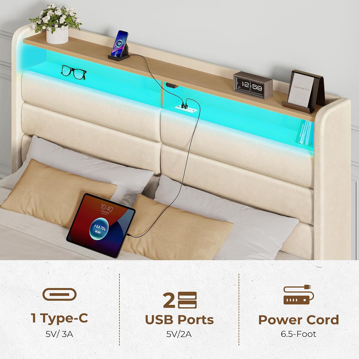 Seventable Full Bed Frame with Storage Drawers & Charging Station, Upholstered Platform Bed with LED Light and Storage Headboard, No Box Spring Needed, Noise Free, Easy Assembly, Biege