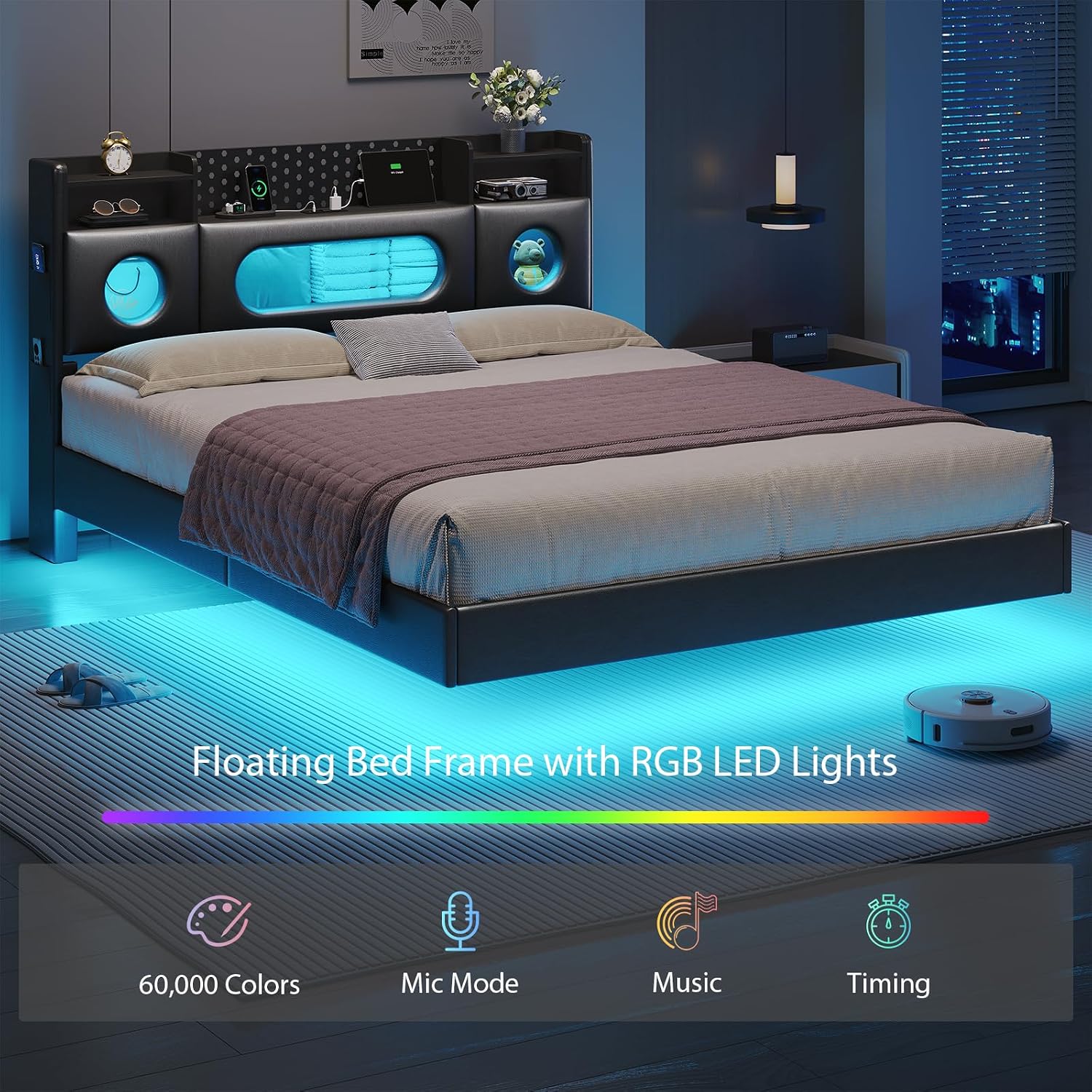 busyaeh Floating Bed Frame Queen with Storage Headboard, Platform Bed Queen Size with Storage & LED Lights,Metal Floating Queen Bed Frame, No Box Spring Needed, Noise-Free, Easy Assembly, PU Black
