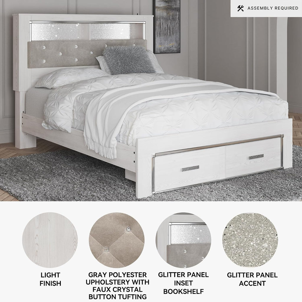 Signature Design by Ashley Altyra Contemporary Tufted Queen Upholstered Bookcase Platform Bed with LED Lights and 2 Drawers, Foundation or Box Spring Not Needed, White & Gray
