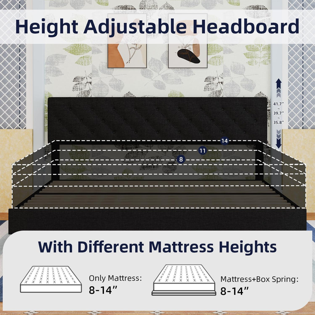 BarnFurin King Bed Frame, Upholstered Platform Bed with Button Tufted Headboard, Fabric Bed Frame with Wooden Slats Support, No Box Spring Required, Easy Assembly, Black