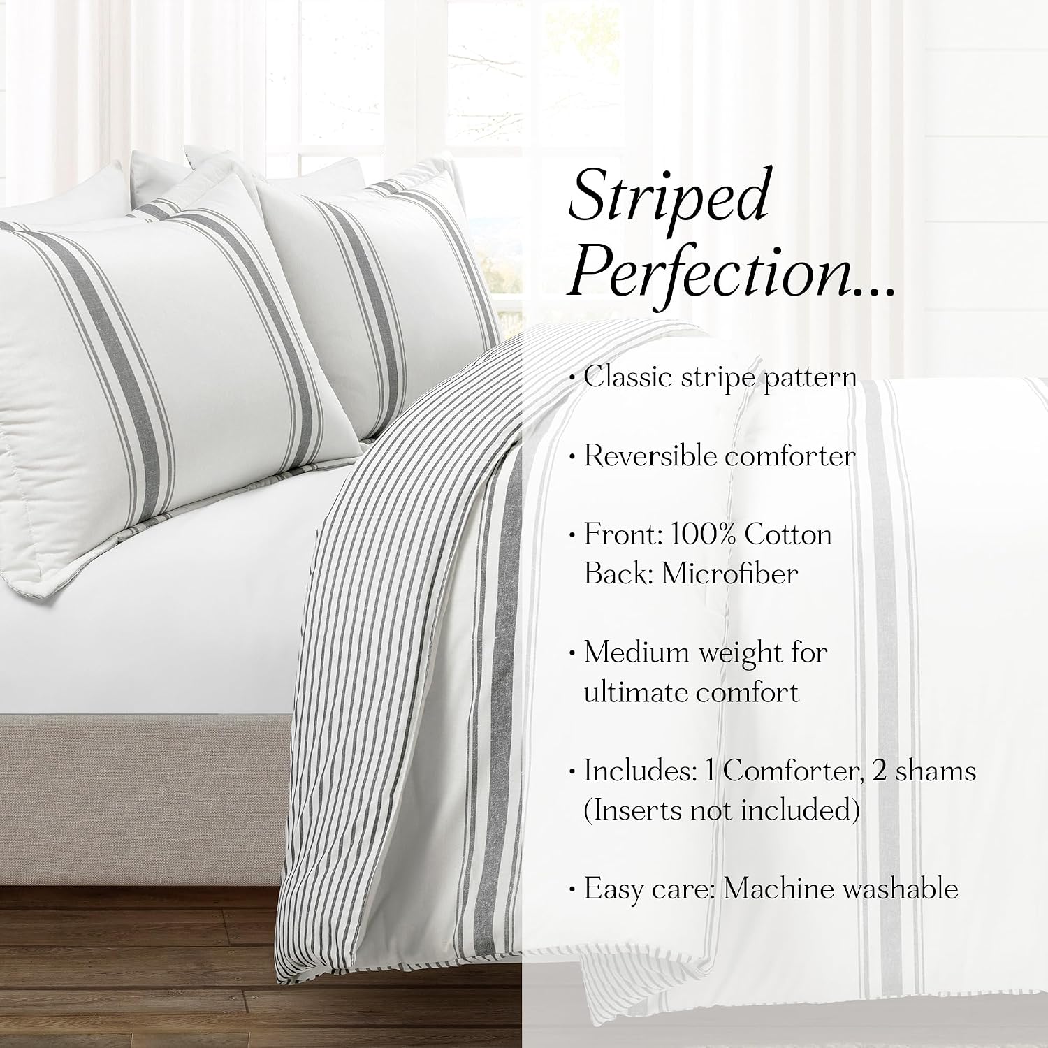 Lush Decor Farmhouse Stripe Reversible Cotton Comforter Set - 3 Piece Cozy Pinstripe Bedding Set - Classic Modern Rustic Charm Bedroom Decor - King, Dark Gray