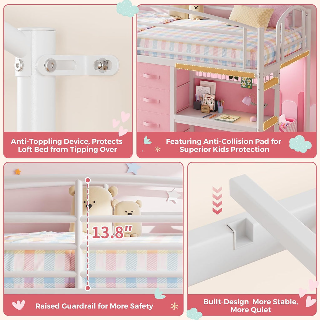 Low Loft Bed Twin Size with 7 Storage Drawers, Desk and LED Lights, Heavy Duty Metal Kids Loft Bed with 12' H Safety Guardrail, Anti-Collision Pad, Private Play Curtain, Under-Bed Play Space - Pink