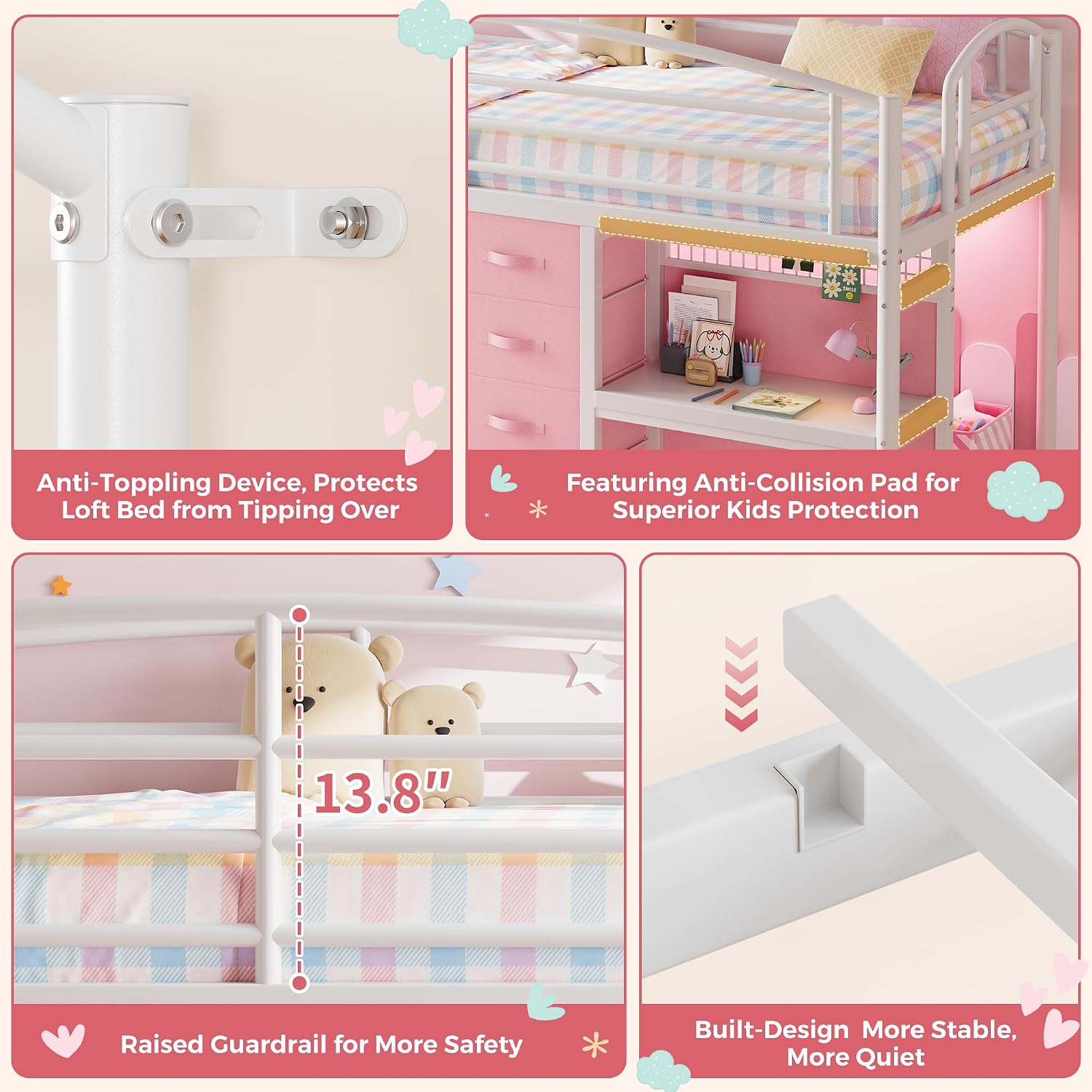 Low Loft Bed Twin Size with 7 Storage Drawers, Desk and LED Lights, Heavy Duty Metal Kids Loft Bed with 12' H Safety Guardrail, Anti-Collision Pad, Private Play Curtain, Under-Bed Play Space - Pink