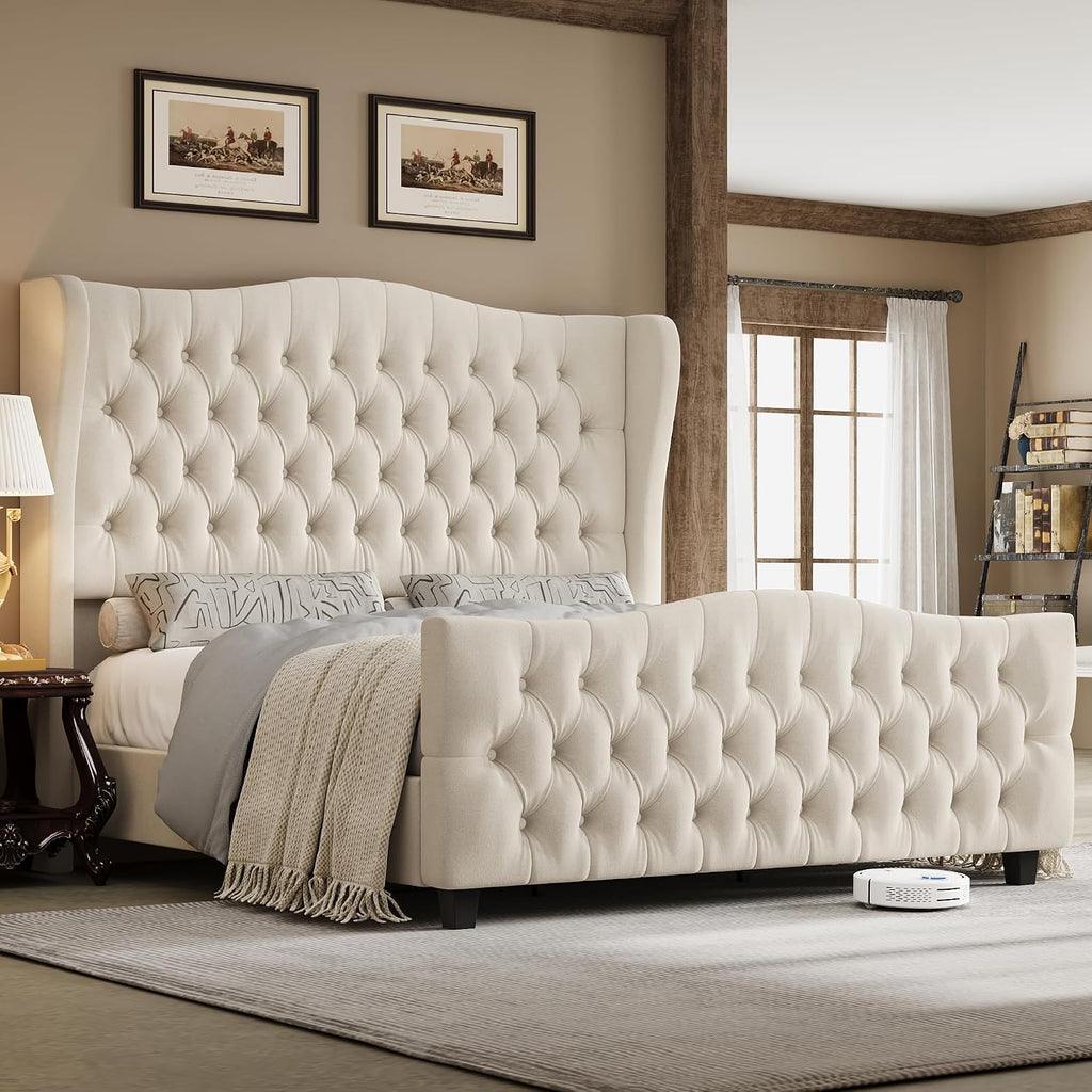 Keyluv Full Size 54.3' Tall Platform Bed Frame with Deep Button Tufted Wingback Headboard and Footboard, Velvet Upholstered Bed Frame with Handmade Pleats, No Box Spring Needed, Beige/Cream