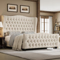 Keyluv Full Size 54.3' Tall Platform Bed Frame with Deep Button Tufted Wingback Headboard and Footboard, Velvet Upholstered Bed Frame with Handmade Pleats, No Box Spring Needed, Beige/Cream