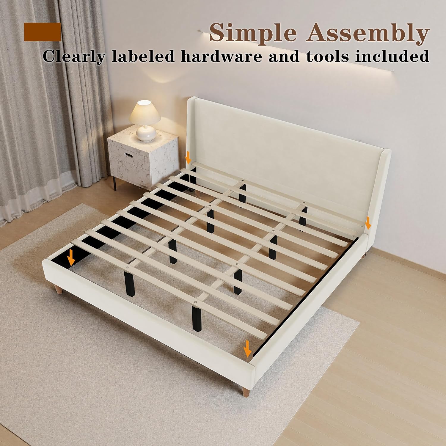 King Size Upholstered Platform Bed Frame, Modern Wingback Bed with Headboard, Upholstered Bed Frames with Walnut Wooden Legs, No Box Spring Needed/Easy Assembly, Beige Velvet