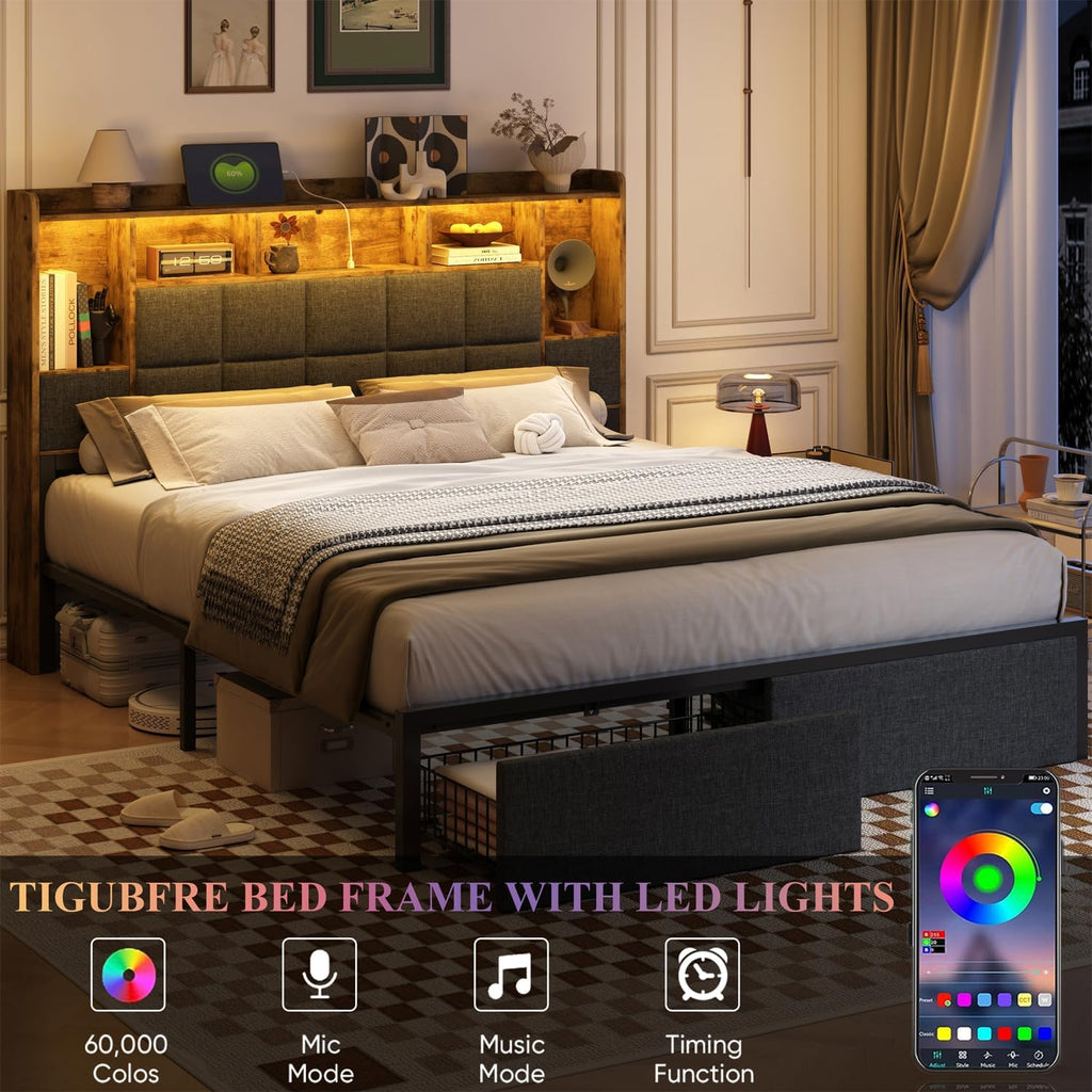 TIGUBFRE LED Bed Frame Full Size with Bookshelf Headboard, 2 Hidden Storage Drawers, Upholstered Platform Metal Bed Frame with Charging Station, Metal Slats Support, Noise Free, No Box Spring Needed